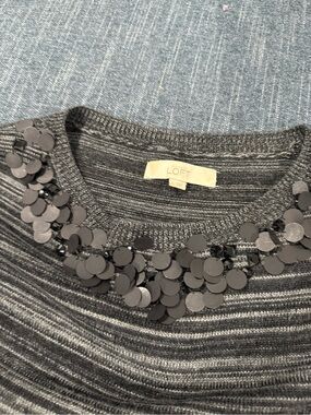LOFT Gray Striped Sweater with Black Sequin Necklace Detail